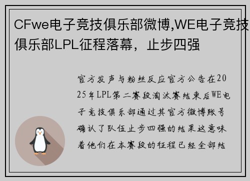 CFwe电子竞技俱乐部微博,WE电子竞技俱乐部LPL征程落幕，止步四强